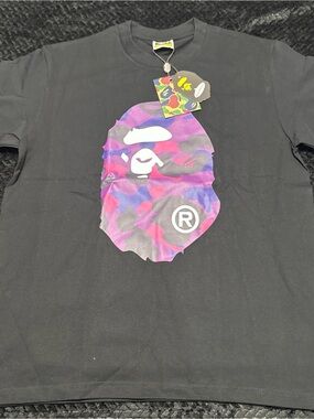 Bape Black Tee with Purple & Pink Camo Ape Head Graphic